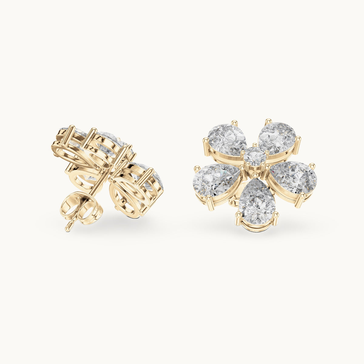 Pear and round lab-grown diamond flower stud earrings in yellow gold, 7.35 CT TW, view 1