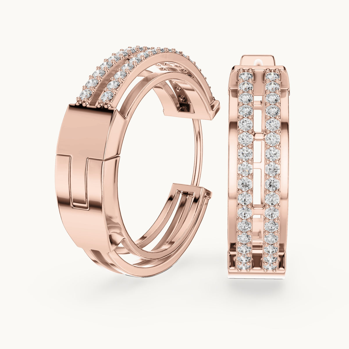 Round lab-grown diamond double-row channel huggie earrings in rose gold, 0.512 CT TW, view 1