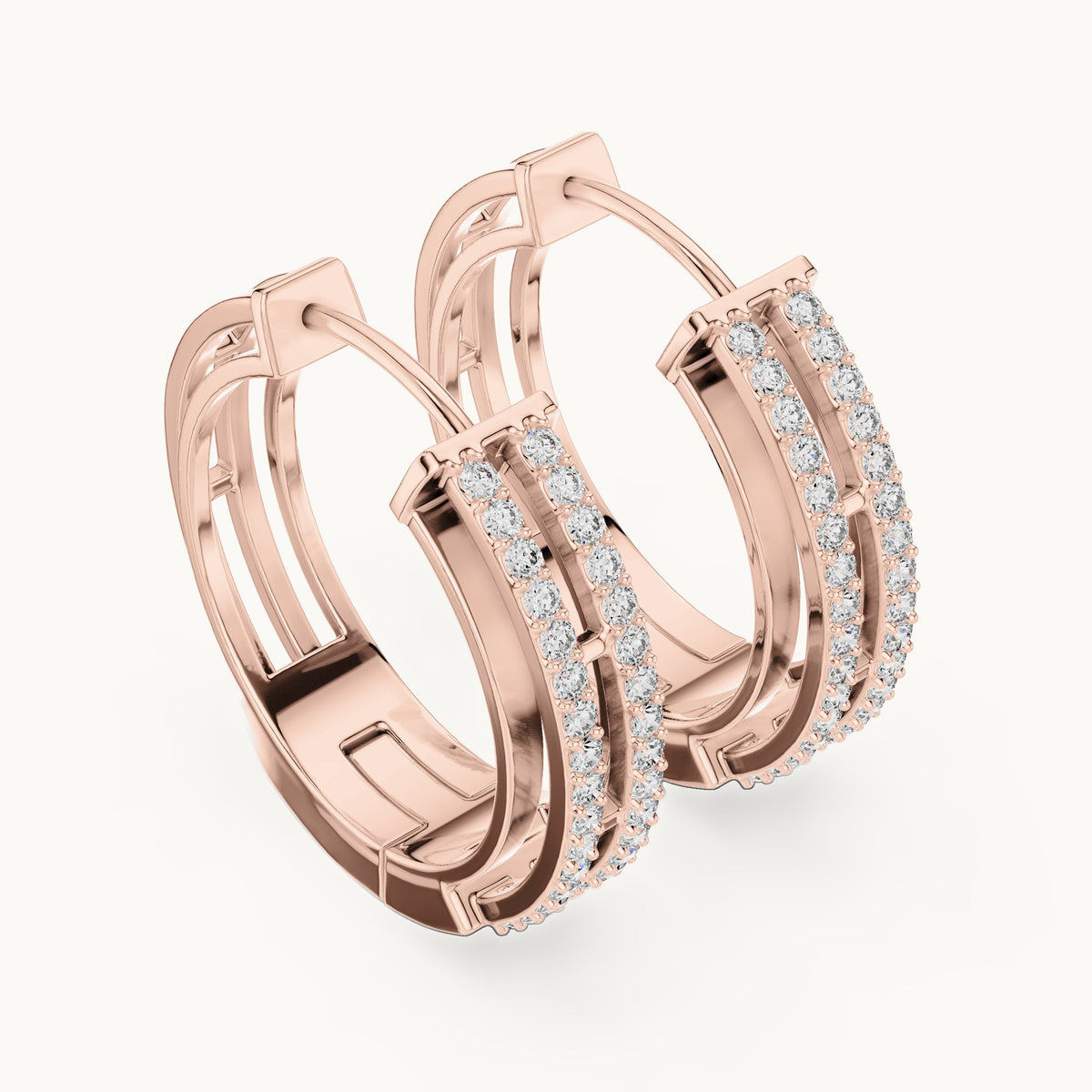 Round lab-grown diamond double-row channel huggie earrings in rose gold, 0.512 CT TW, view 2