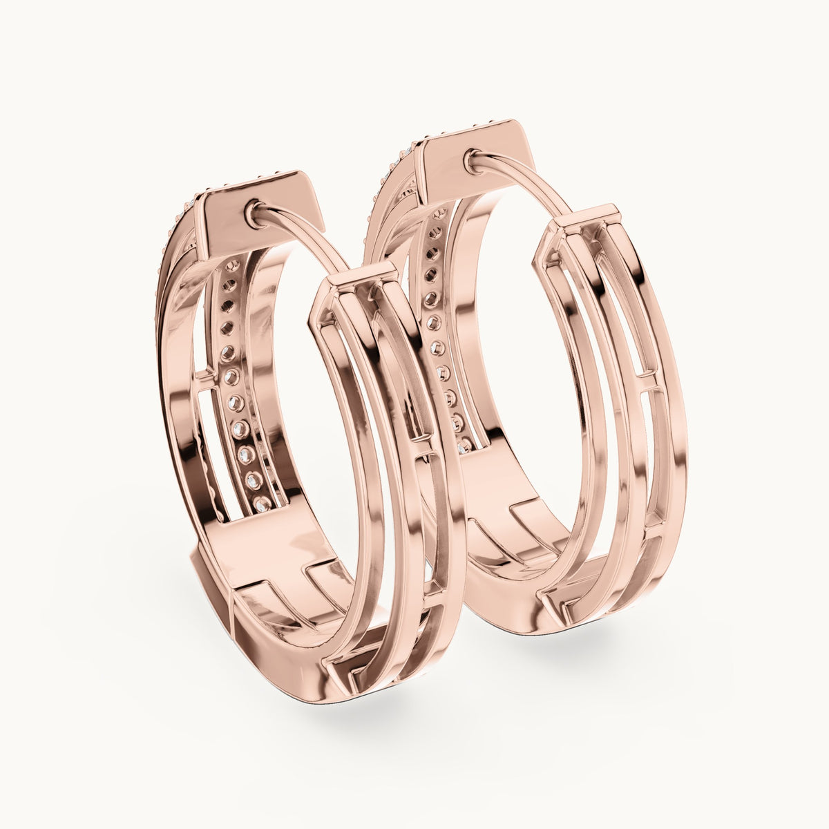Round lab-grown diamond double-row channel huggie earrings in rose gold, 0.512 CT TW, view 3