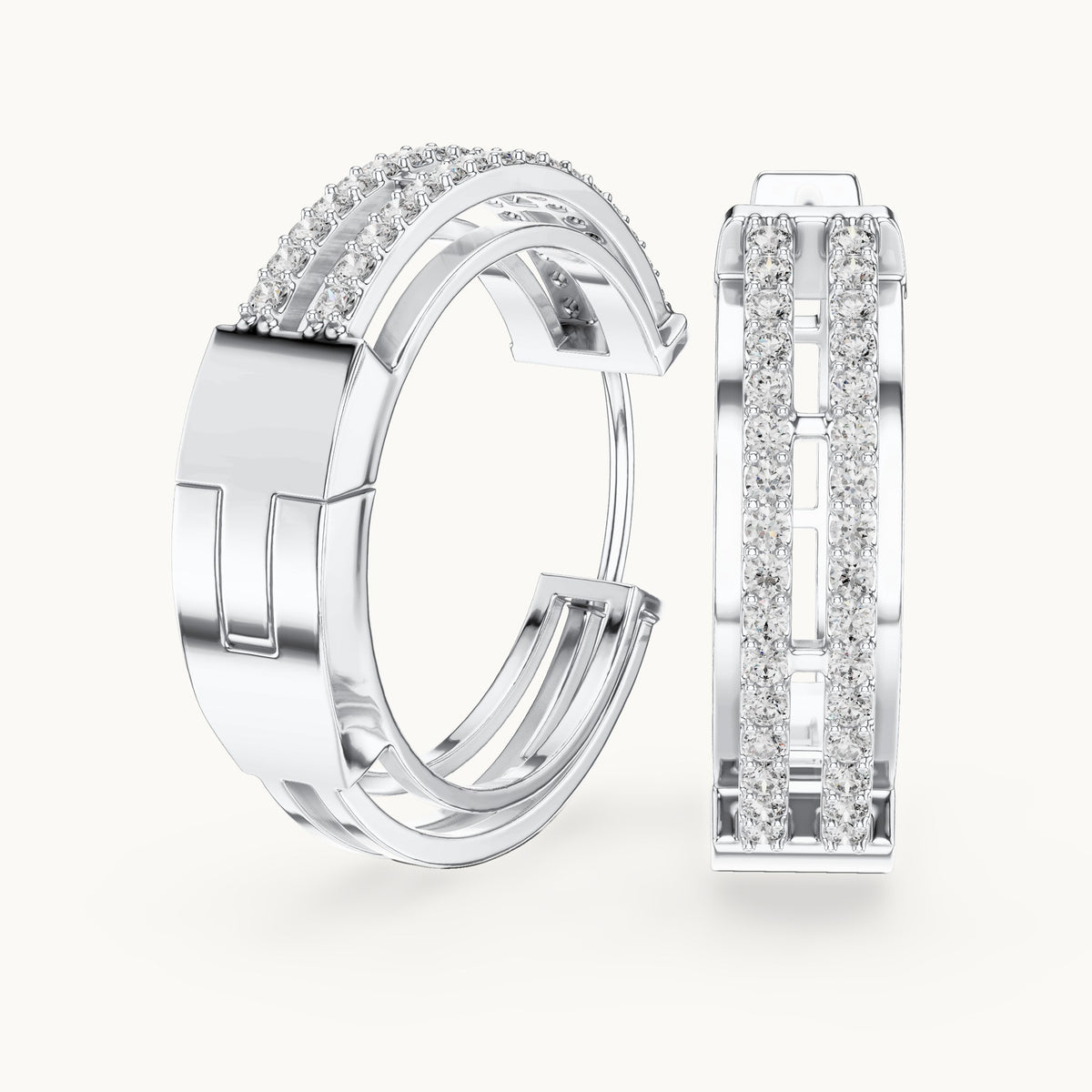 Round lab-grown diamond double-row channel huggie earrings in white gold, 0.512 CT TW, view 1