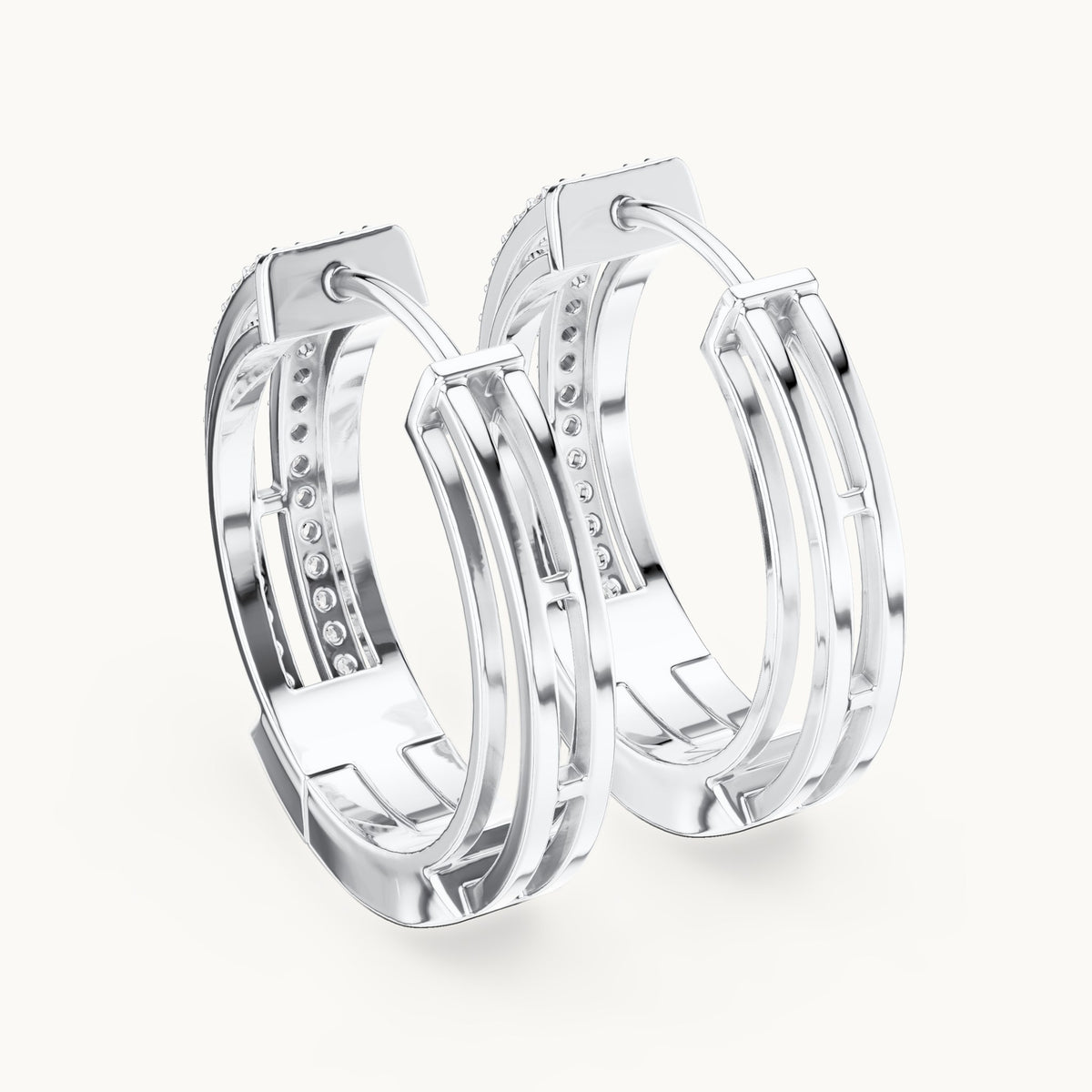 Round lab-grown diamond double-row channel huggie earrings in white gold, 0.512 CT TW, view 3