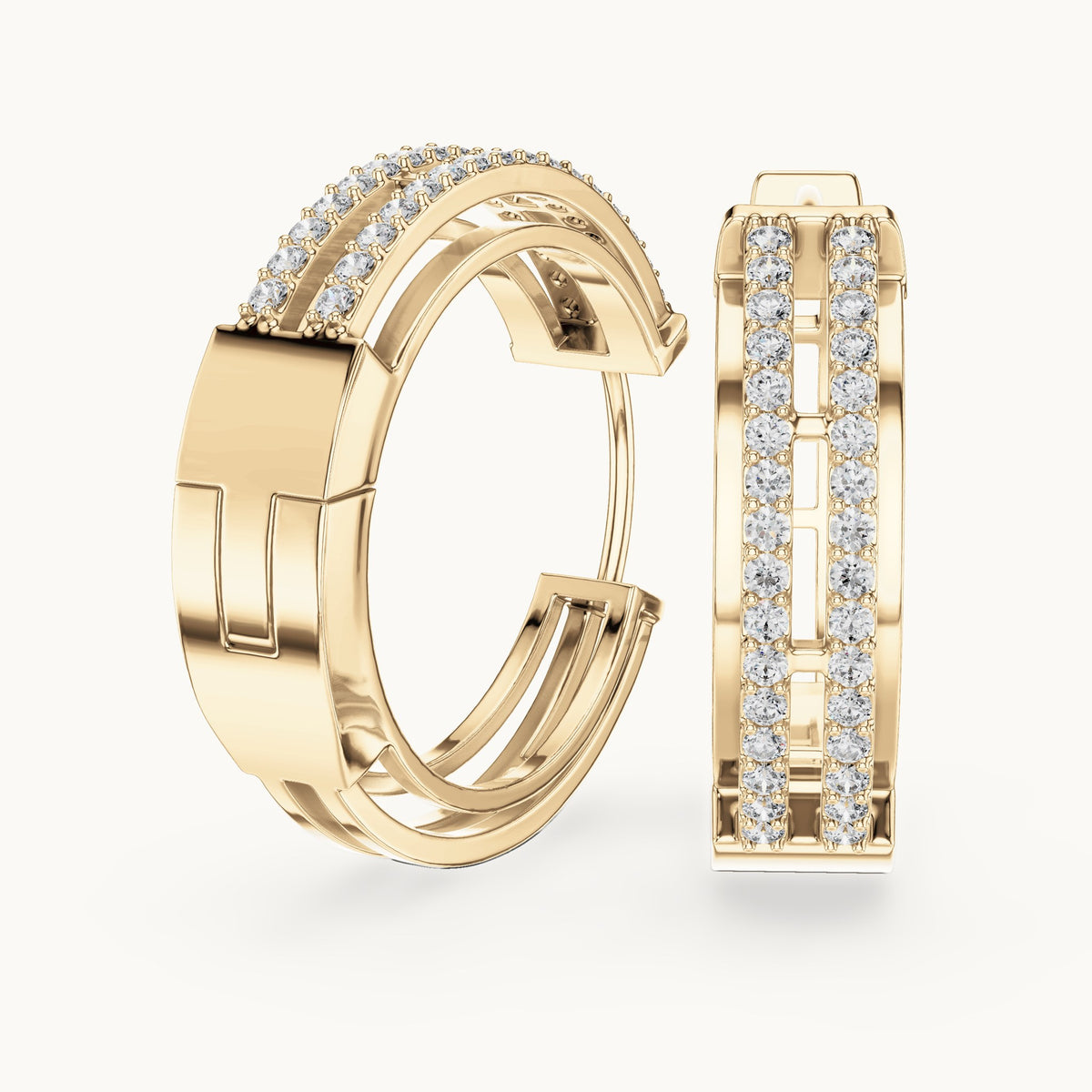 Round lab-grown diamond double-row channel huggie earrings in yellow gold, 0.512 CT TW, view 1