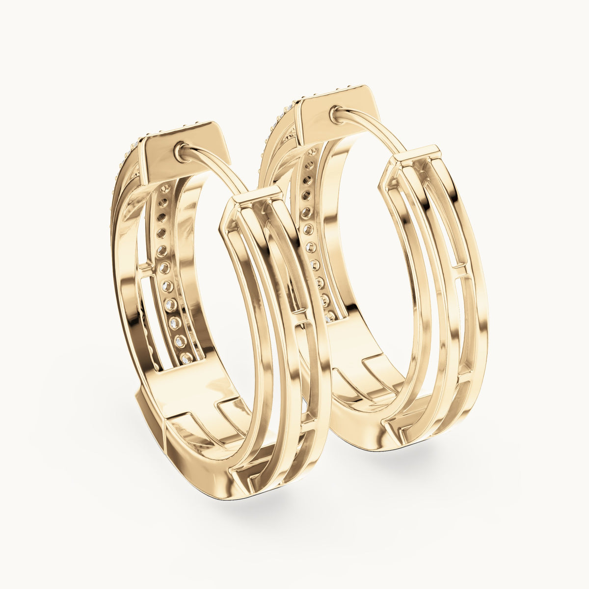 Round lab-grown diamond double-row channel huggie earrings in yellow gold, 0.512 CT TW, view 3