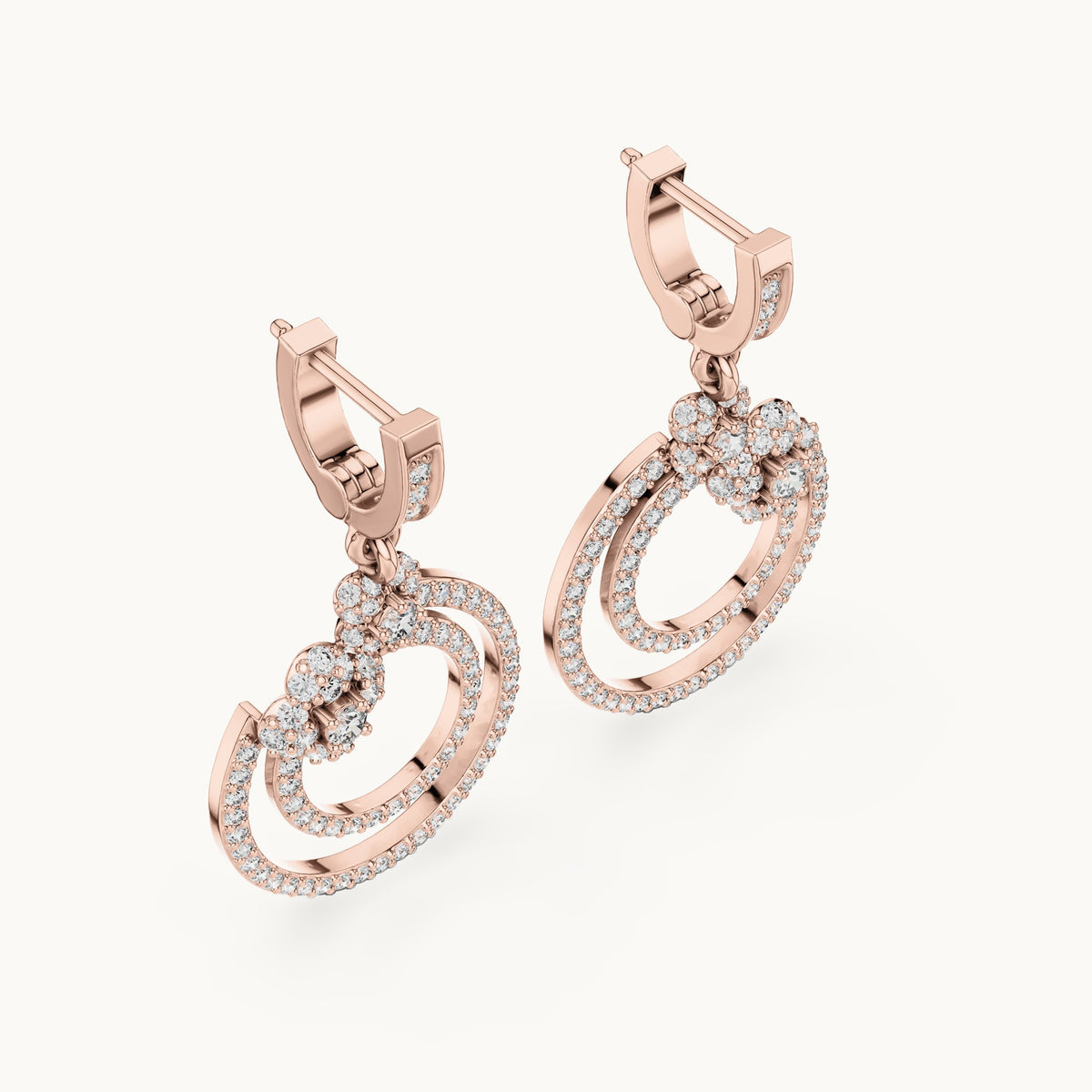 Round lab-grown diamond double circle drop earrings in rose gold, 1.084 CT TW, view 2