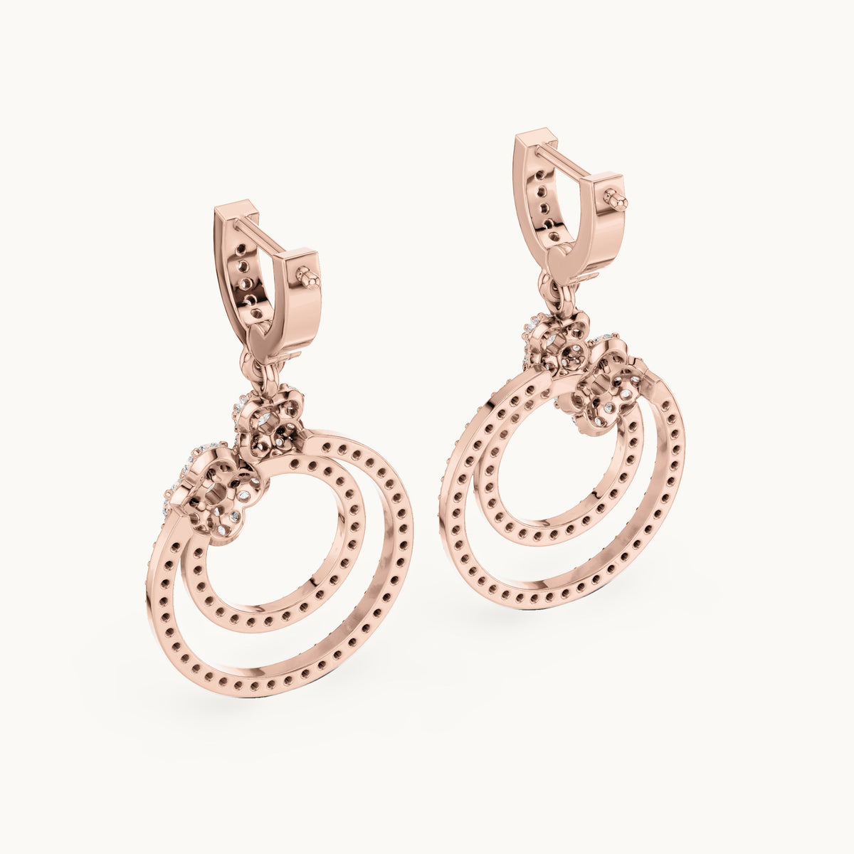Round lab-grown diamond double circle drop earrings in rose gold, 1.084 CT TW, view 3