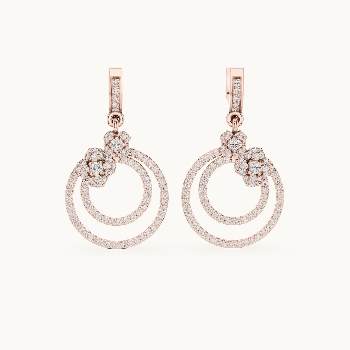 Round lab-grown diamond double circle drop earrings in rose gold, 1.084 CT TW, view 4
