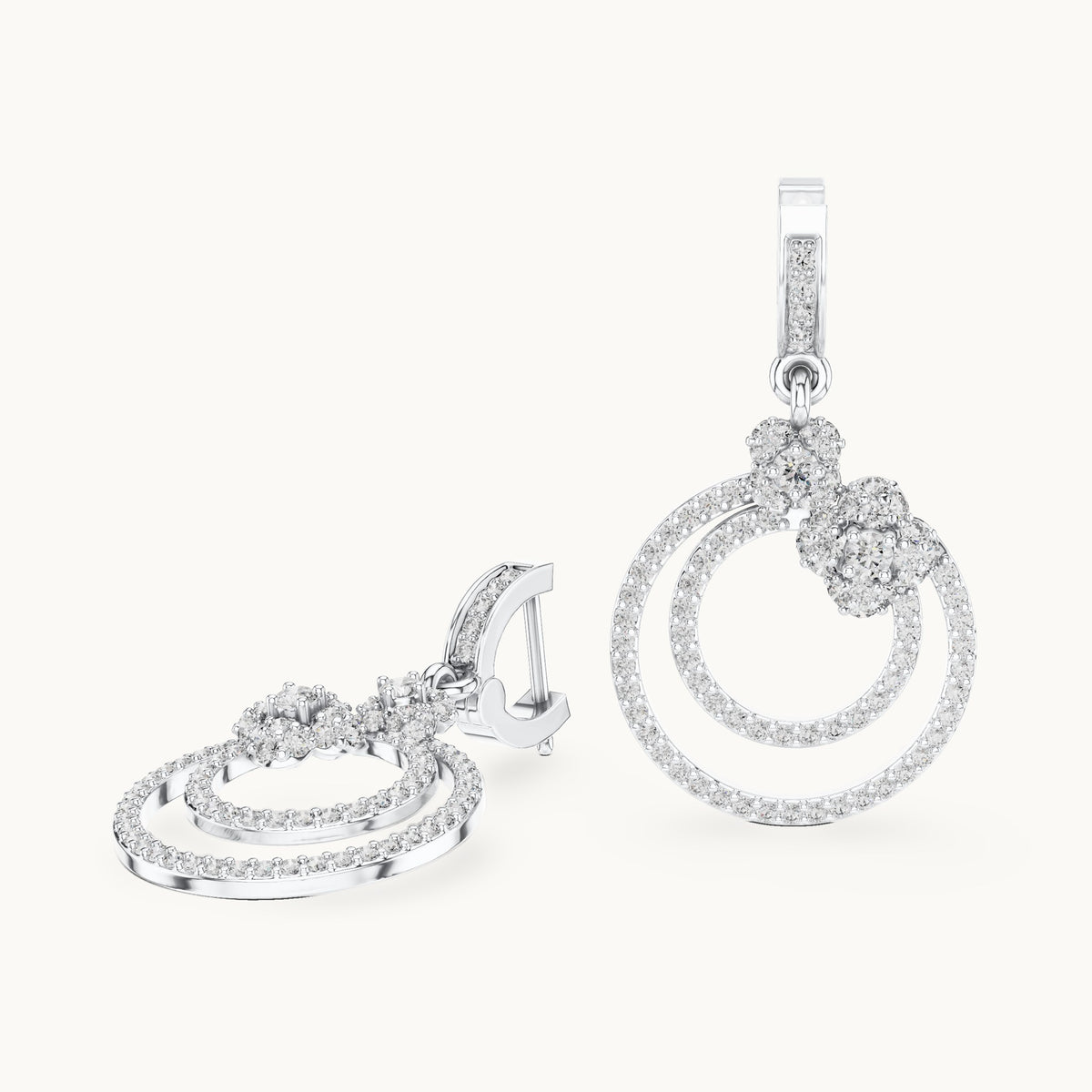 Round lab-grown diamond double circle drop earrings in white gold, 1.084 CT TW, view 1
