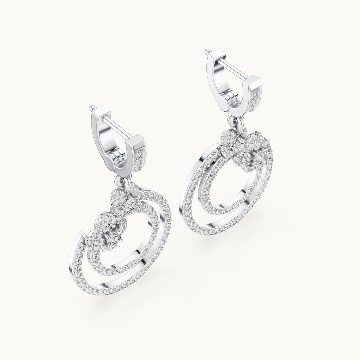 Round lab-grown diamond double circle drop earrings in white gold, 1.084 CT TW, view 2