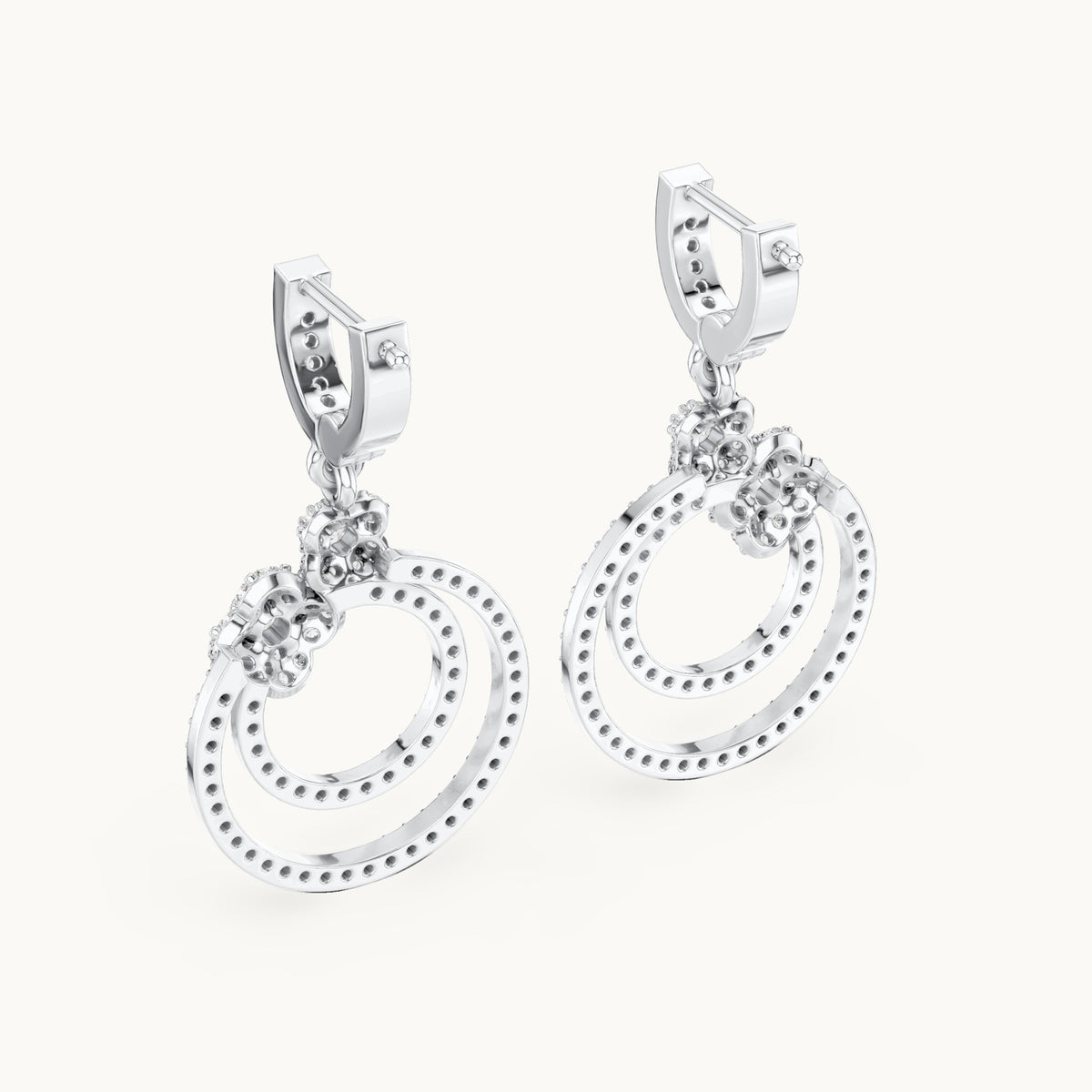 Round lab-grown diamond double circle drop earrings in white gold, 1.084 CT TW, view 3