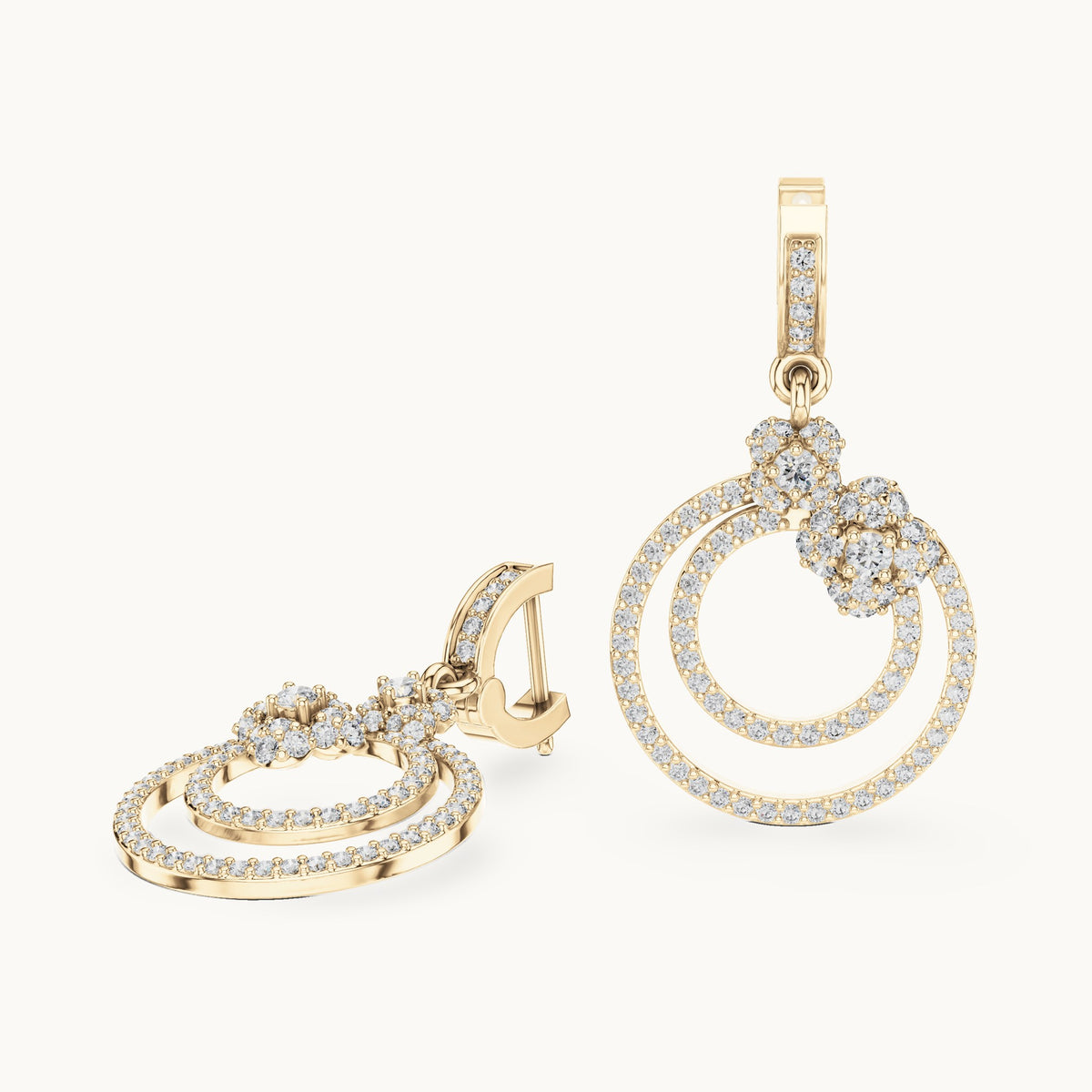 Round lab-grown diamond double circle drop earrings in yellow gold, 1.084 CT TW, view 1
