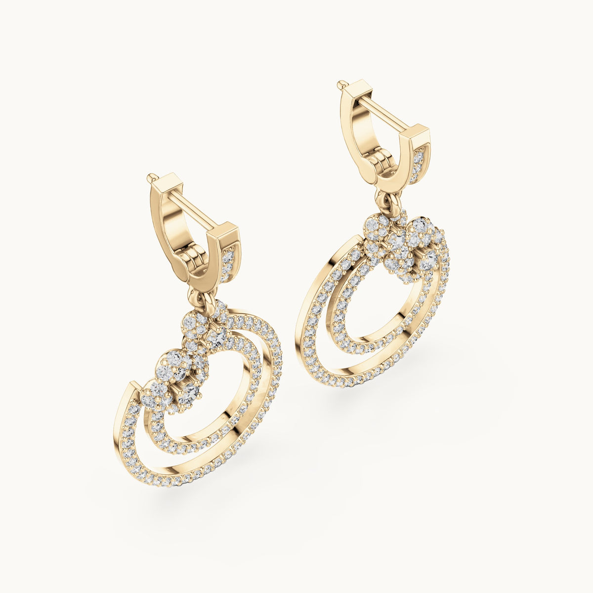 Round lab-grown diamond double circle drop earrings in yellow gold, 1.084 CT TW, view 2
