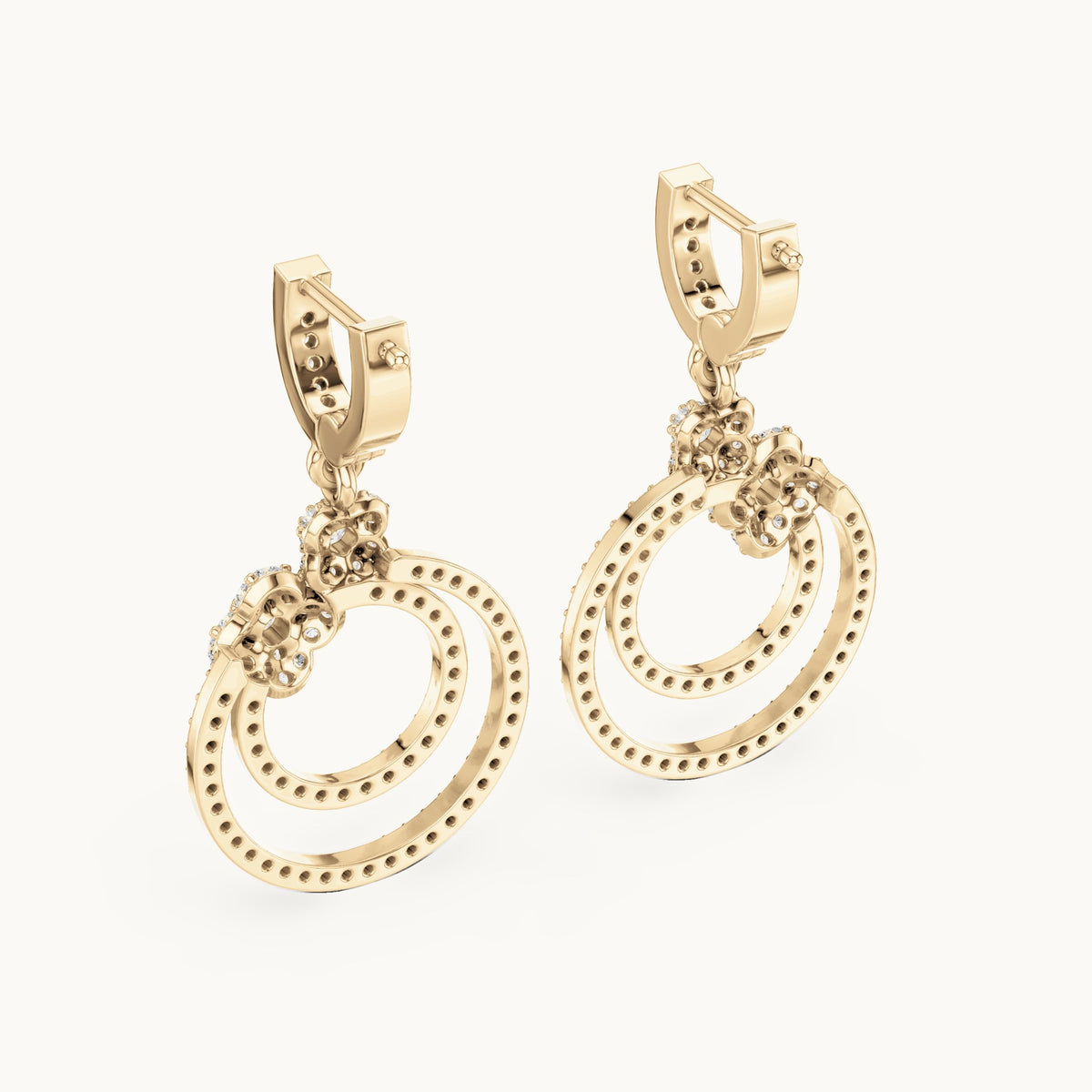 Round lab-grown diamond double circle drop earrings in yellow gold, 1.084 CT TW, view 3