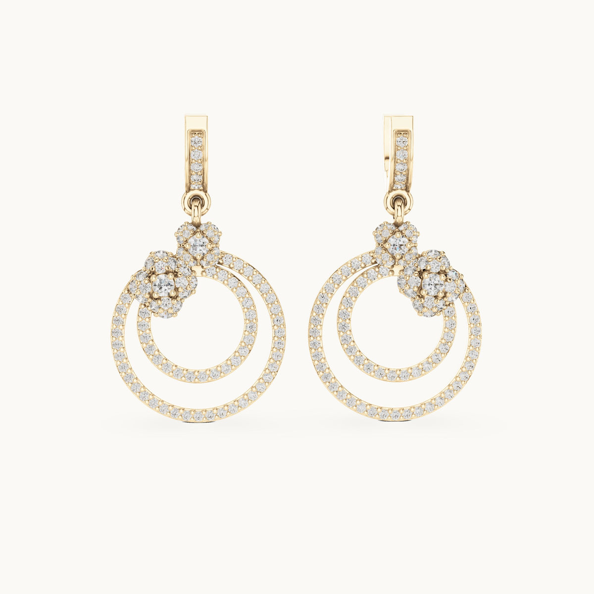 Round lab-grown diamond double circle drop earrings in yellow gold, 1.084 CT TW, view 4