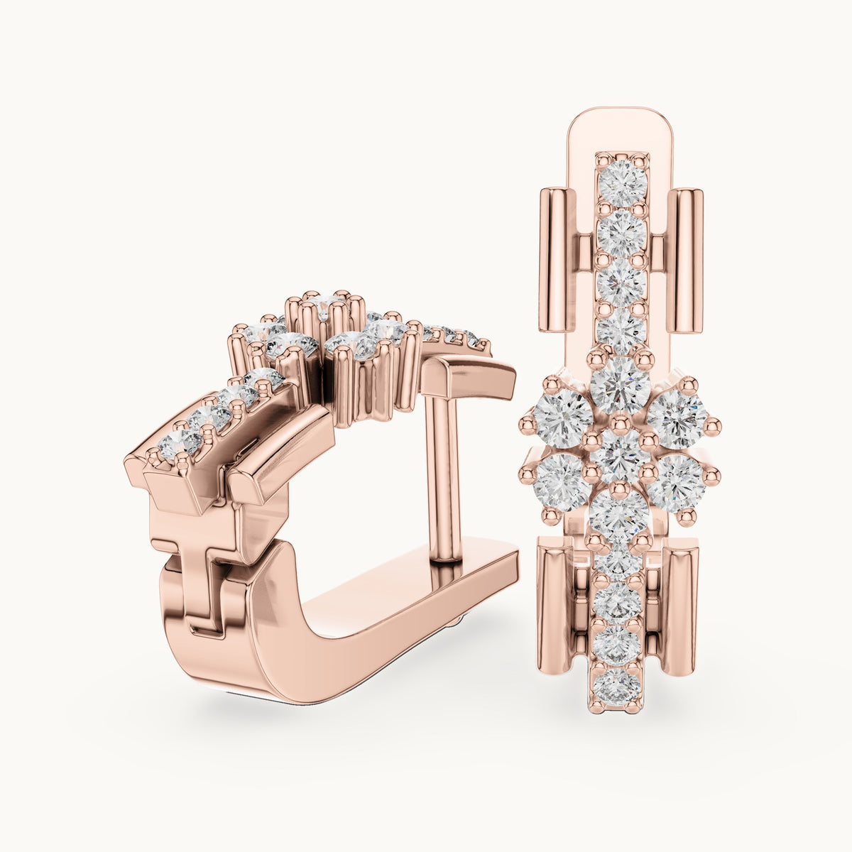 Round lab-grown diamond geometric cluster huggie earrings in rose gold, 0.296 CT TW, view 1