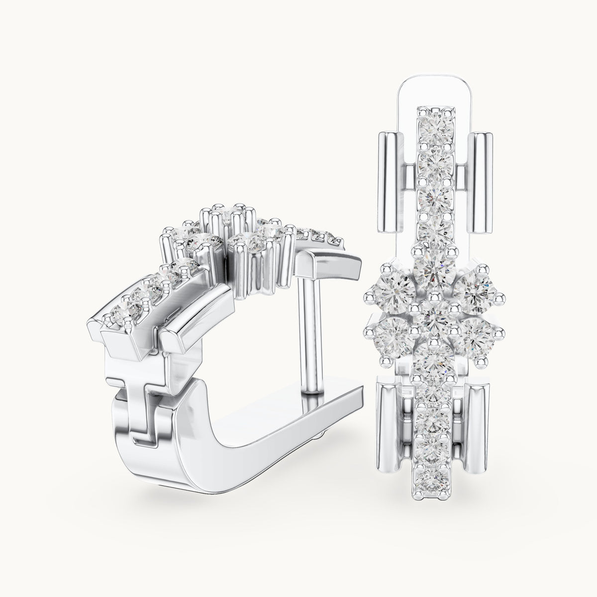 Round lab-grown diamond geometric cluster huggie earrings in white gold, 0.296 CT TW, view 1