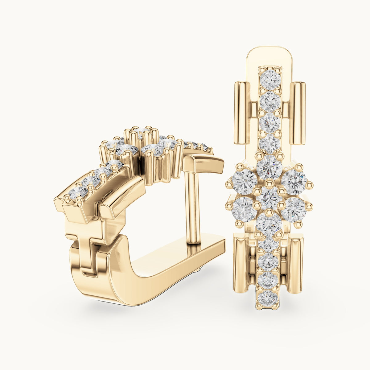 Round lab-grown diamond geometric cluster huggie earrings in yellow gold, 0.296 CT TW, view 1