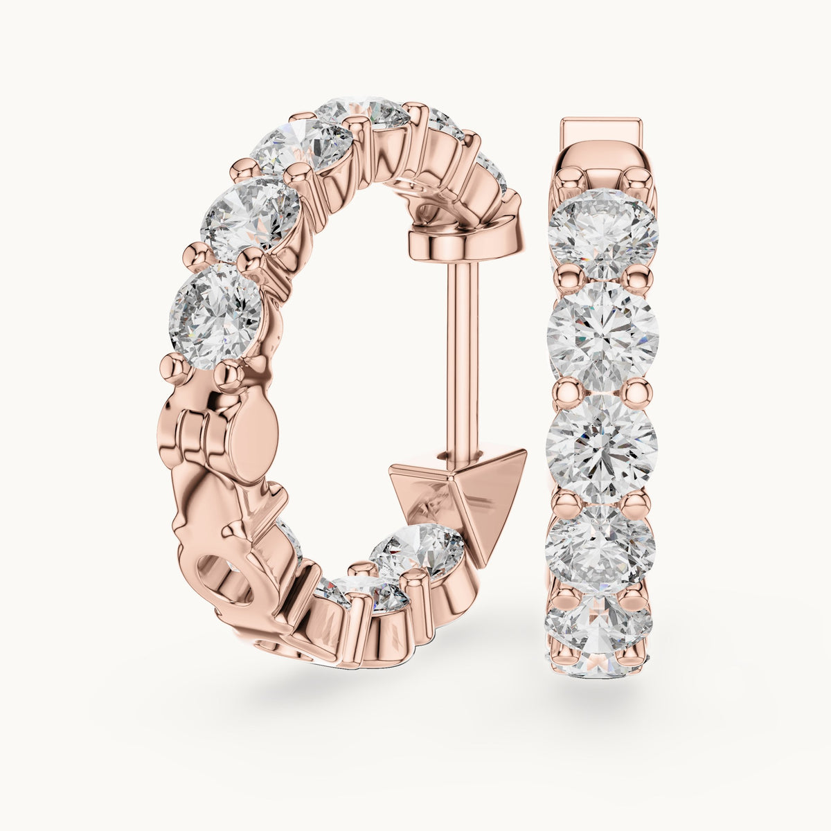 Round lab-grown diamond shared-prong hoop earrings in rose gold, 1.60 CT TW, view 1