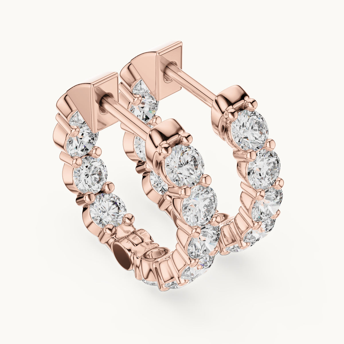 Round lab-grown diamond shared-prong hoop earrings in rose gold, 1.60 CT TW, view 2