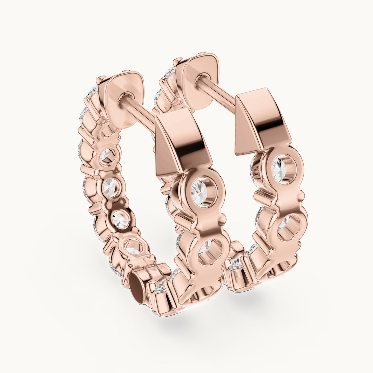 Round lab-grown diamond shared-prong hoop earrings in rose gold, 1.60 CT TW, view 3