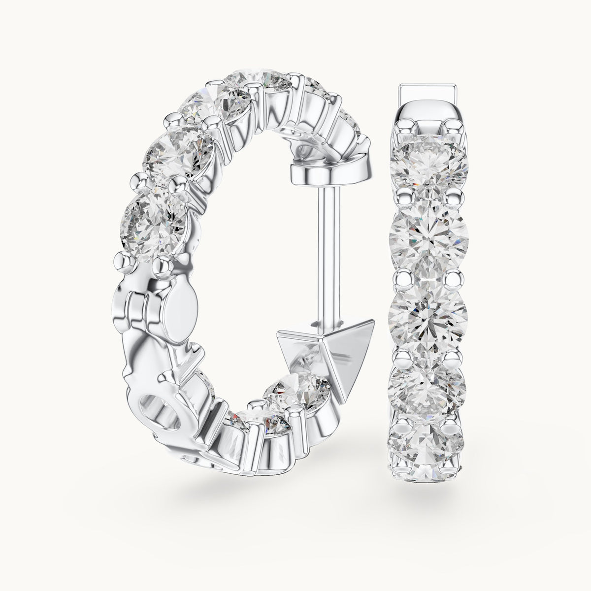 Round lab-grown diamond shared-prong hoop earrings in white gold, 1.60 CT TW, view 1