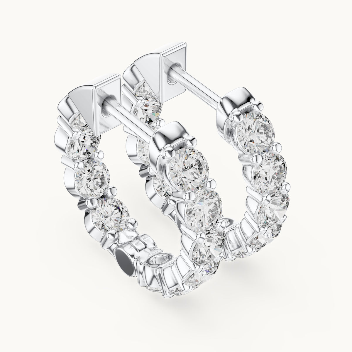 Round lab-grown diamond shared-prong hoop earrings in white gold, 1.60 CT TW, view 2