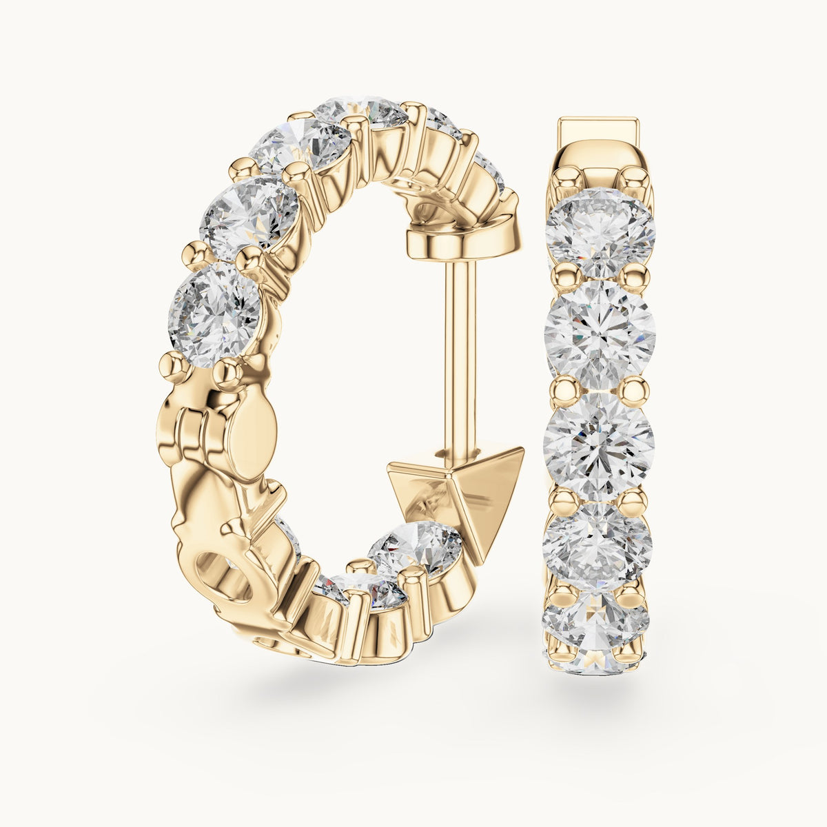 Round lab-grown diamond shared-prong hoop earrings in yellow gold, 1.60 CT TW, view 1