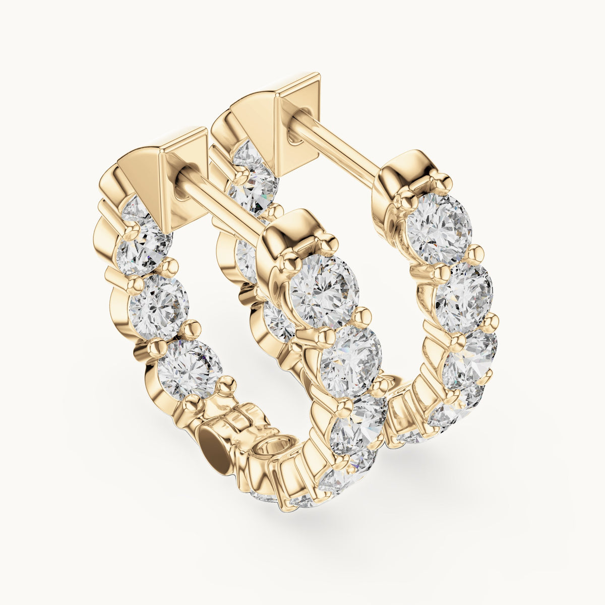 Round lab-grown diamond shared-prong hoop earrings in yellow gold, 1.60 CT TW, view 2
