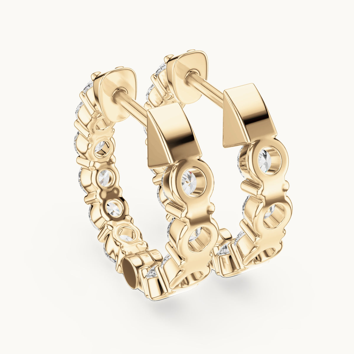 Round lab-grown diamond shared-prong hoop earrings in yellow gold, 1.60 CT TW, view 3