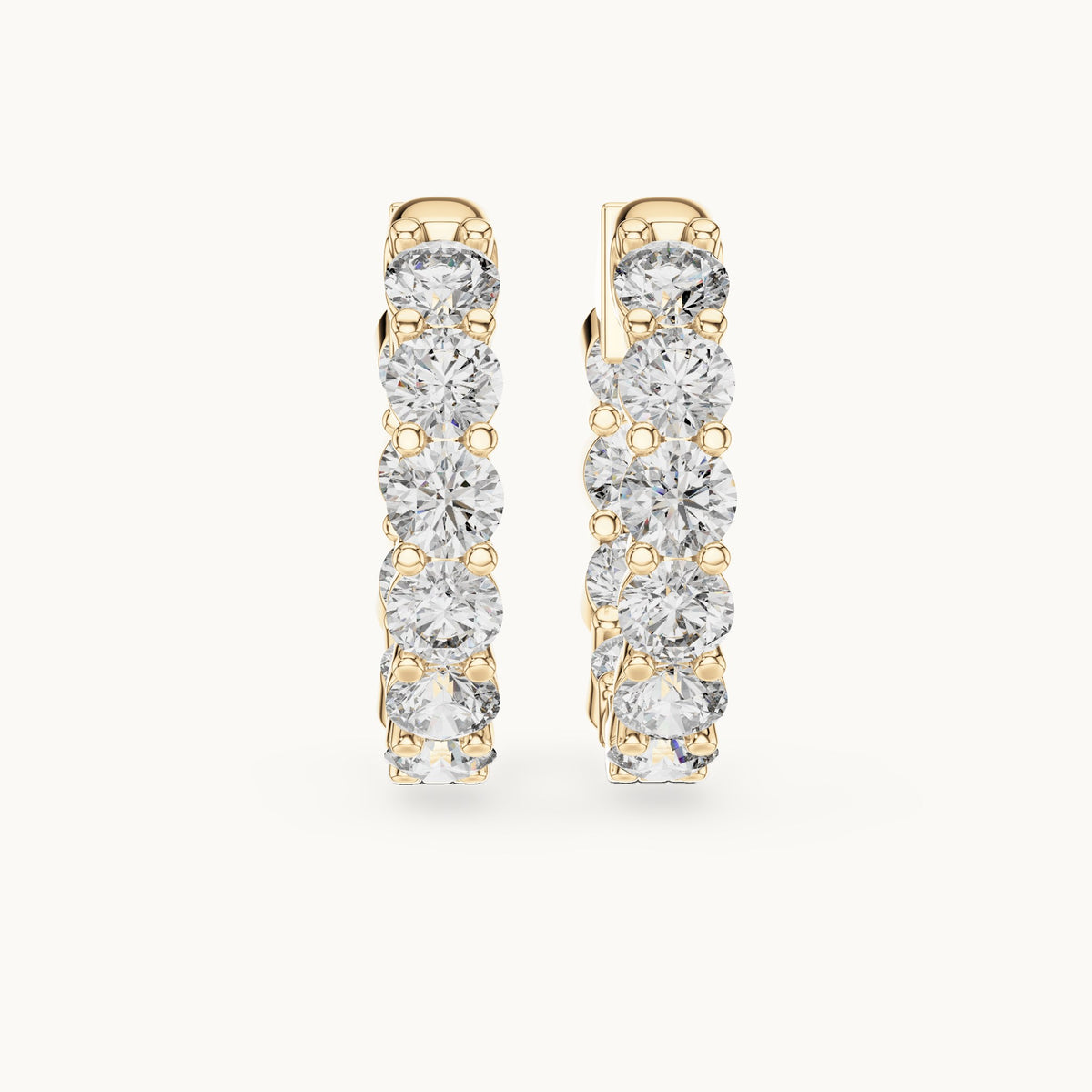 Round lab-grown diamond shared-prong hoop earrings in yellow gold, 1.60 CT TW, view 4