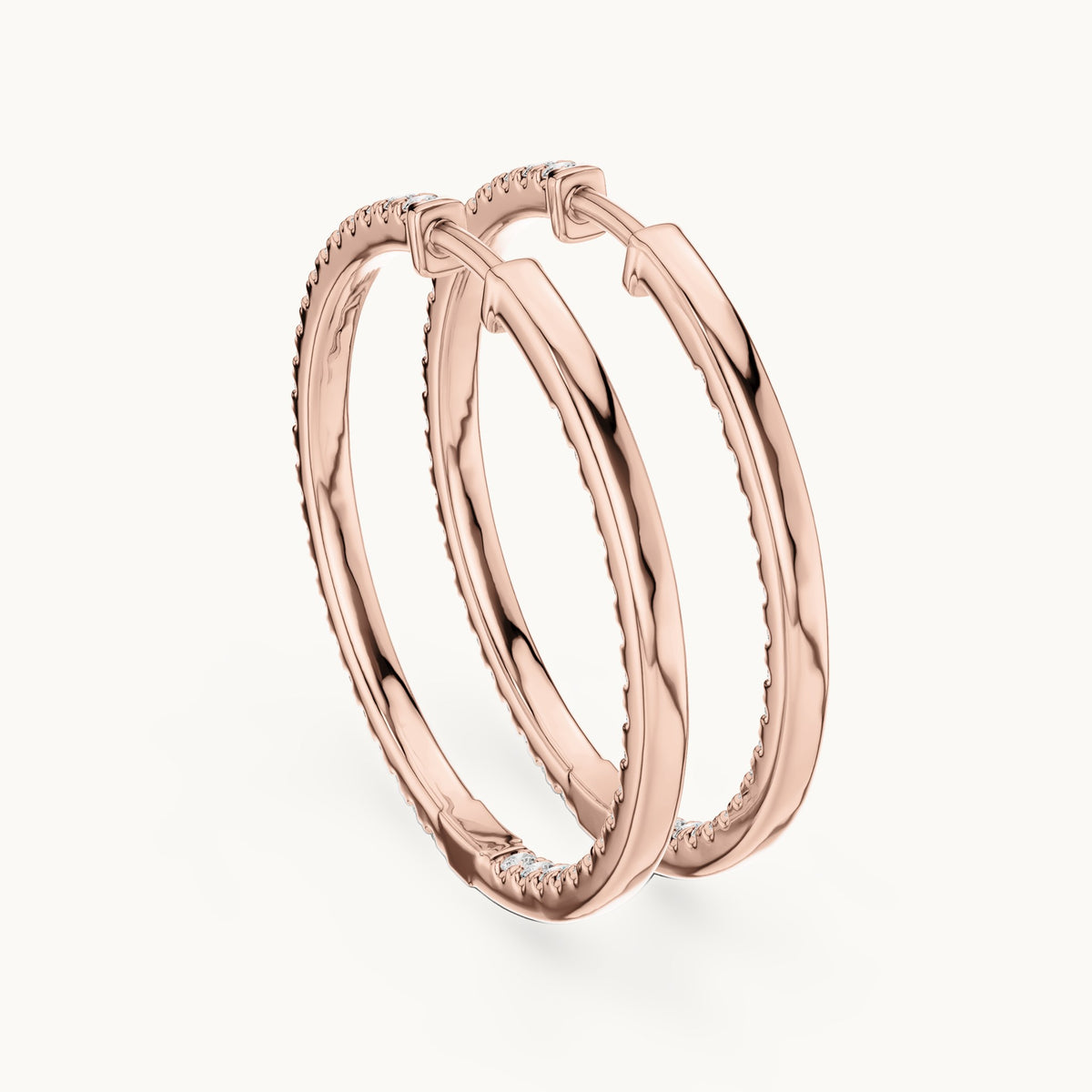 Round lab-grown diamond large inside-out pave hoop earrings in rose gold, 0.99 CT TW, view 3