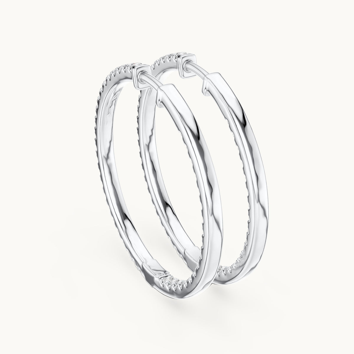Round lab-grown diamond large inside-out pave hoop earrings in white gold, 0.99 CT TW, view 3
