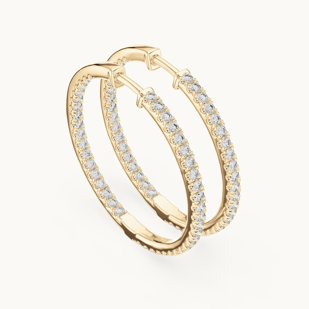 Round lab-grown diamond large inside-out pave hoop earrings in yellow gold, 0.99 CT TW, view 2