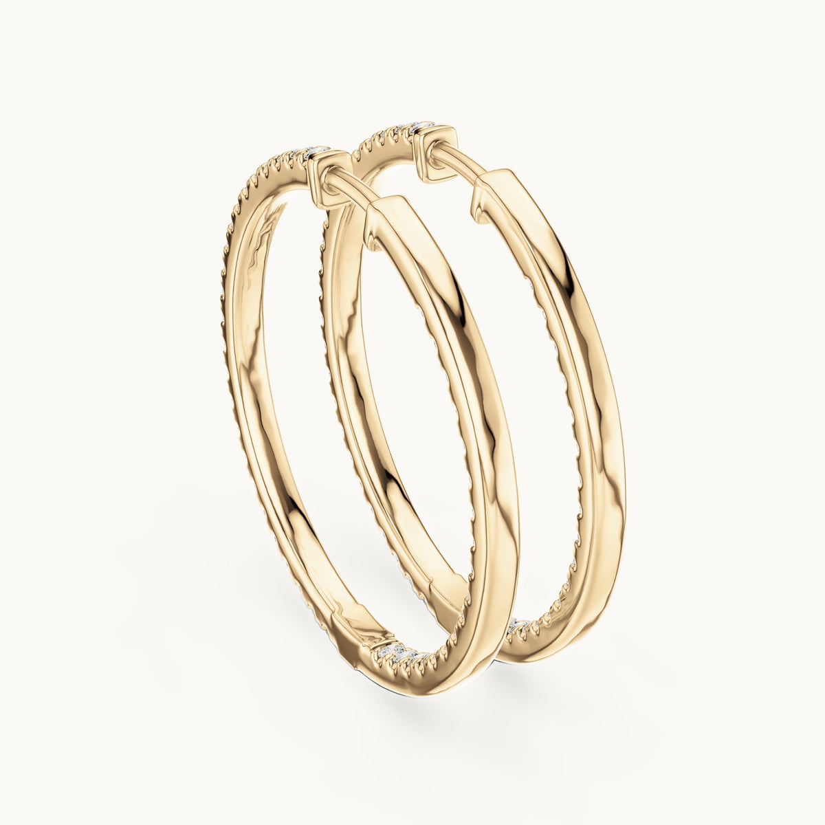 Round lab-grown diamond large inside-out pave hoop earrings in yellow gold, 0.99 CT TW, view 3