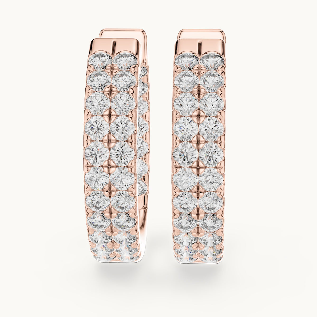Round lab-grown diamond three-row pave hoop earrings in rose gold, 0.72 CT TW, view 1