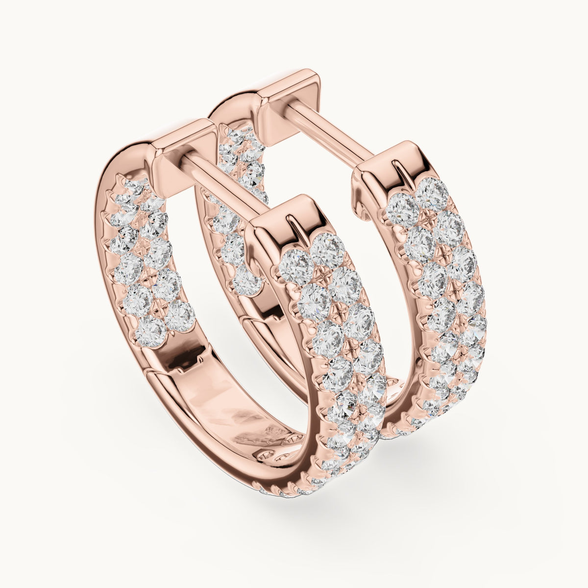 Round lab-grown diamond three-row pave hoop earrings in rose gold, 0.72 CT TW, view 2