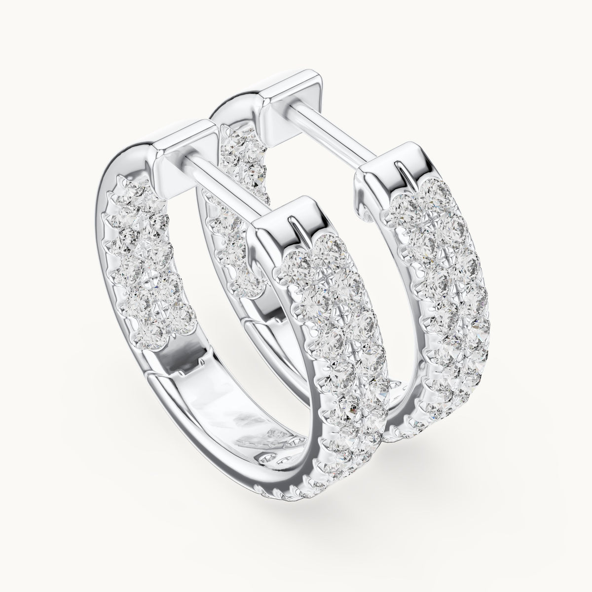 Round lab-grown diamond three-row pave hoop earrings in white gold, 0.72 CT TW, view 2