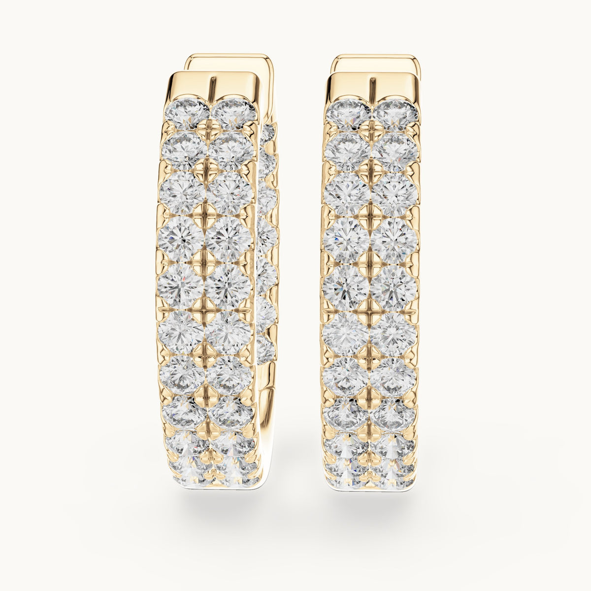 Round lab-grown diamond three-row pave hoop earrings in yellow gold, 0.72 CT TW, view 1