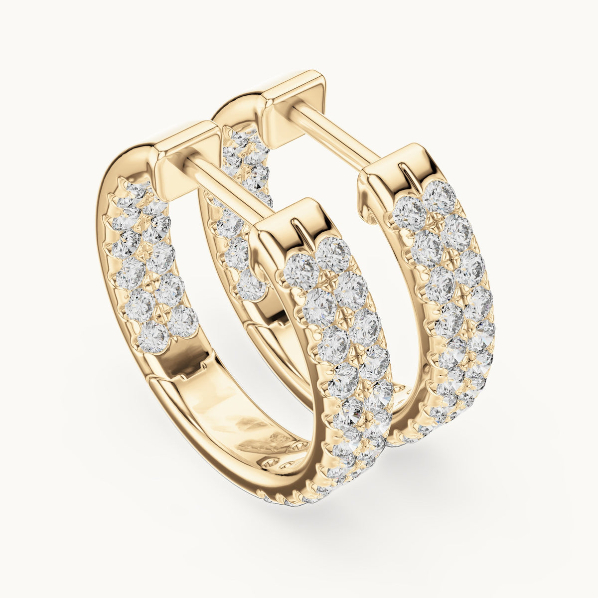 Round lab-grown diamond three-row pave hoop earrings in yellow gold, 0.72 CT TW, view 2