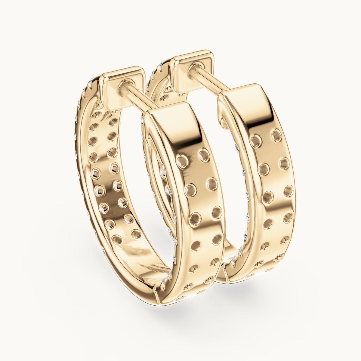 Round lab-grown diamond three-row pave hoop earrings in yellow gold, 0.72 CT TW, view 3