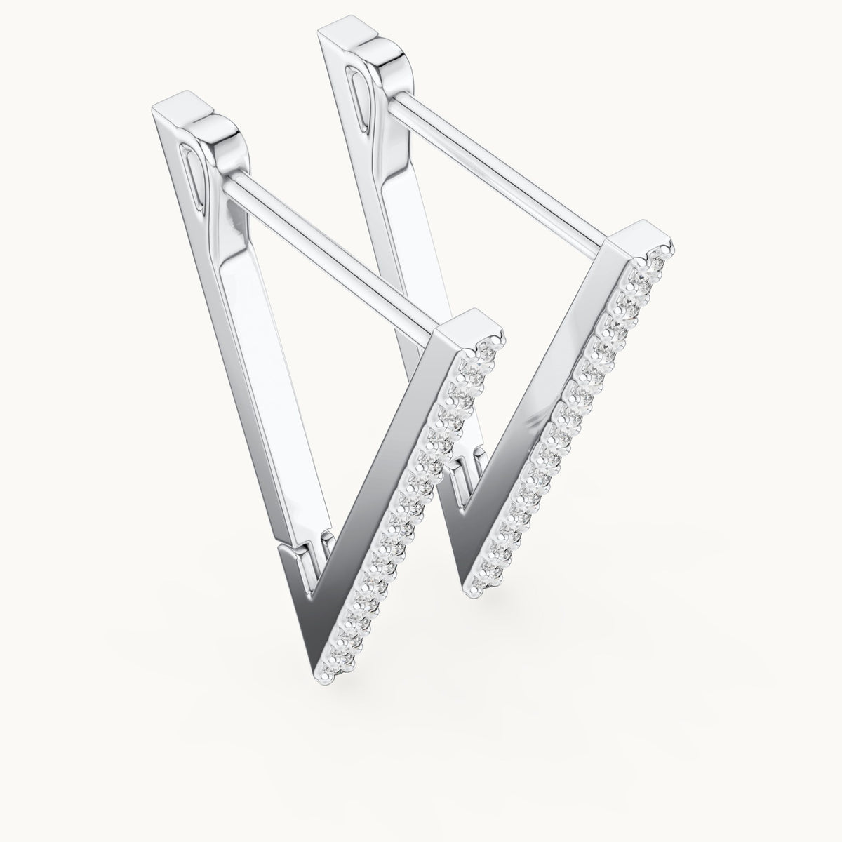 Round lab-grown diamond open triangle hoop earrings in white gold, 0.096 CT TW, view 2