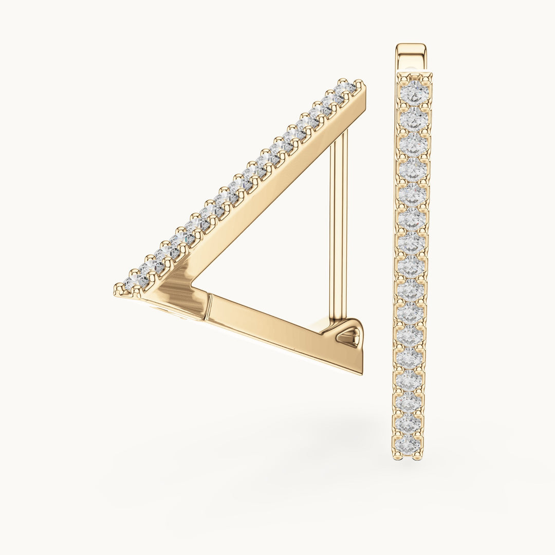 Round lab-grown diamond open triangle hoop earrings in yellow gold, 0.096 CT TW, view 1