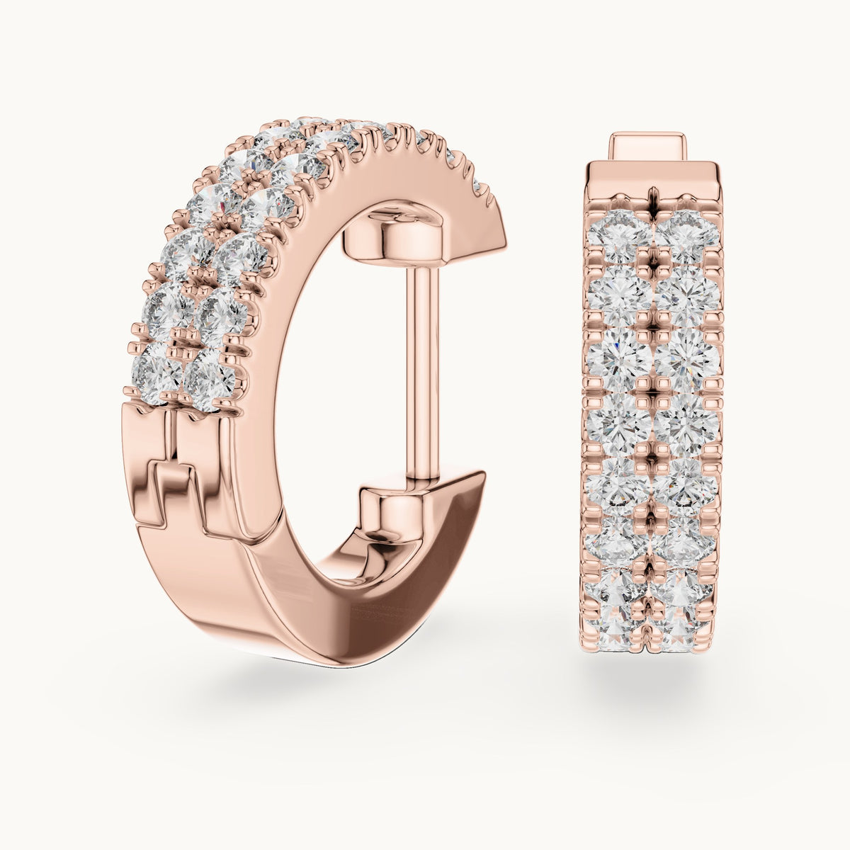 Round lab-grown diamond double-row huggie hoop earrings in rose gold, 0.20 CT TW, view 1