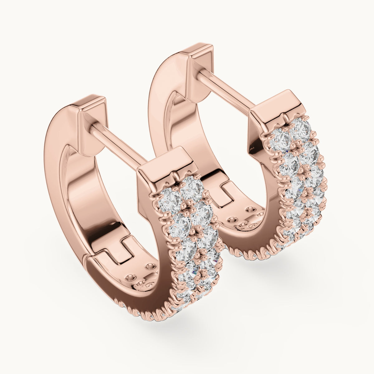 Round lab-grown diamond double-row huggie hoop earrings in rose gold, 0.20 CT TW, view 2