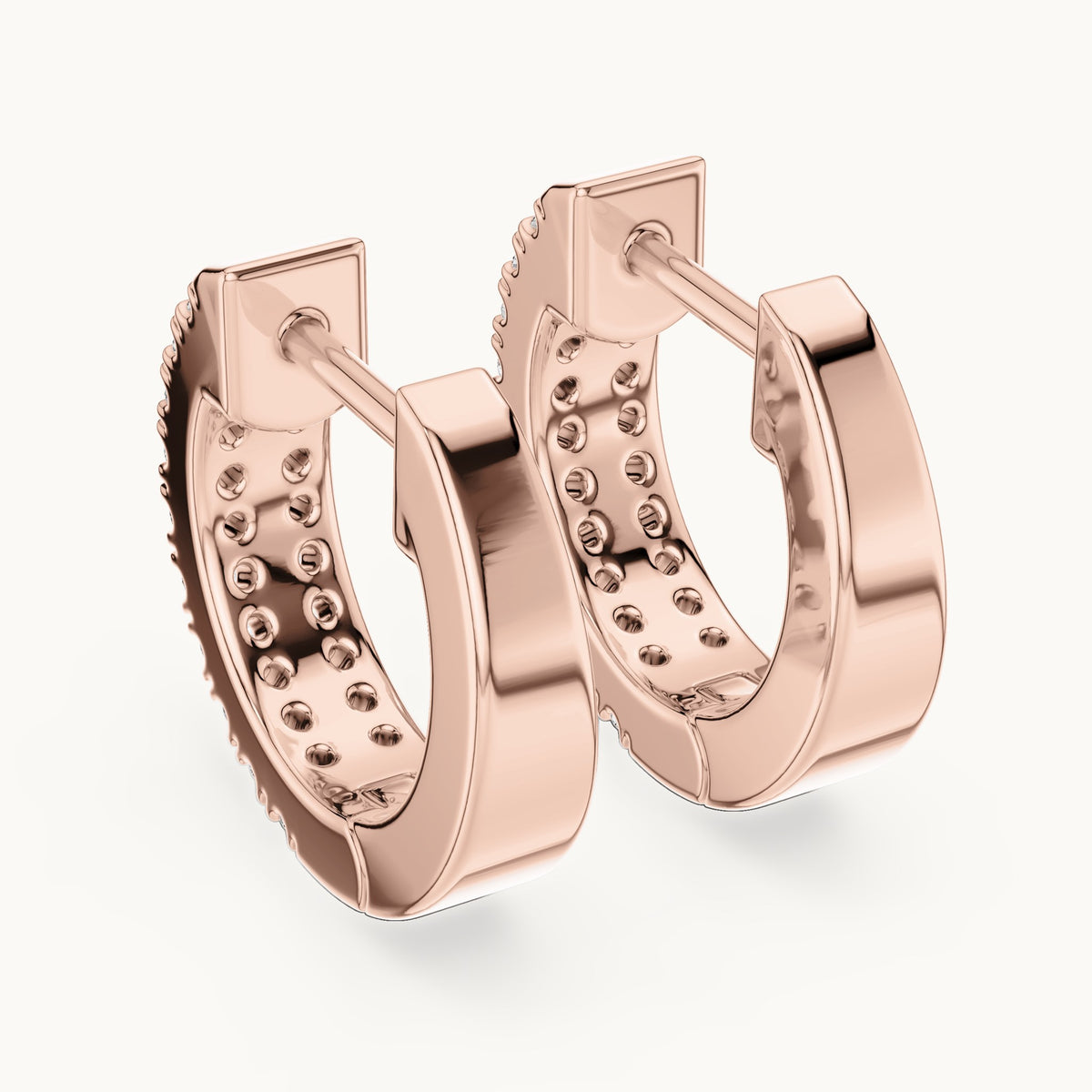 Round lab-grown diamond double-row huggie hoop earrings in rose gold, 0.20 CT TW, view 3
