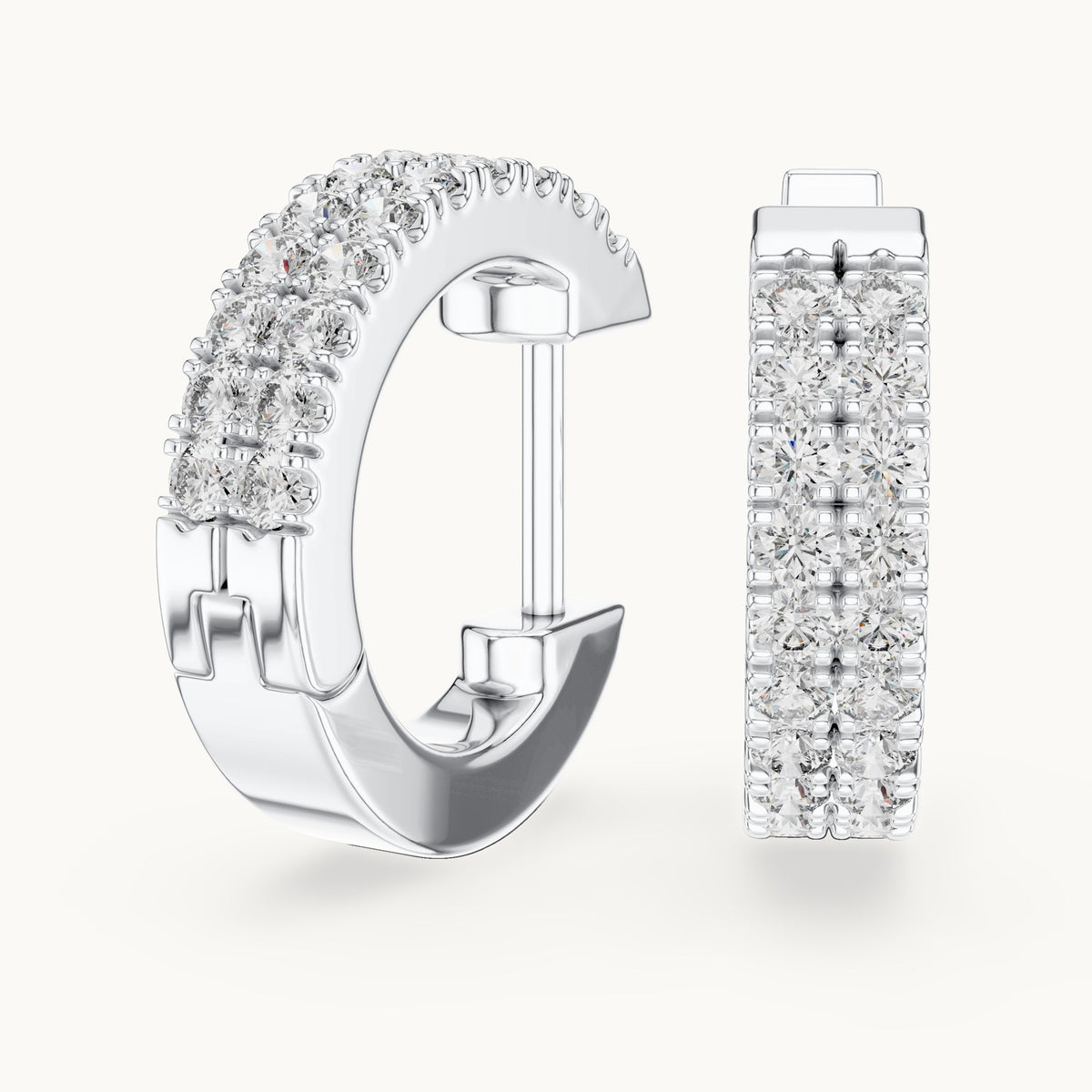 Round lab-grown diamond double-row huggie hoop earrings in white gold, 0.20 CT TW, view 1