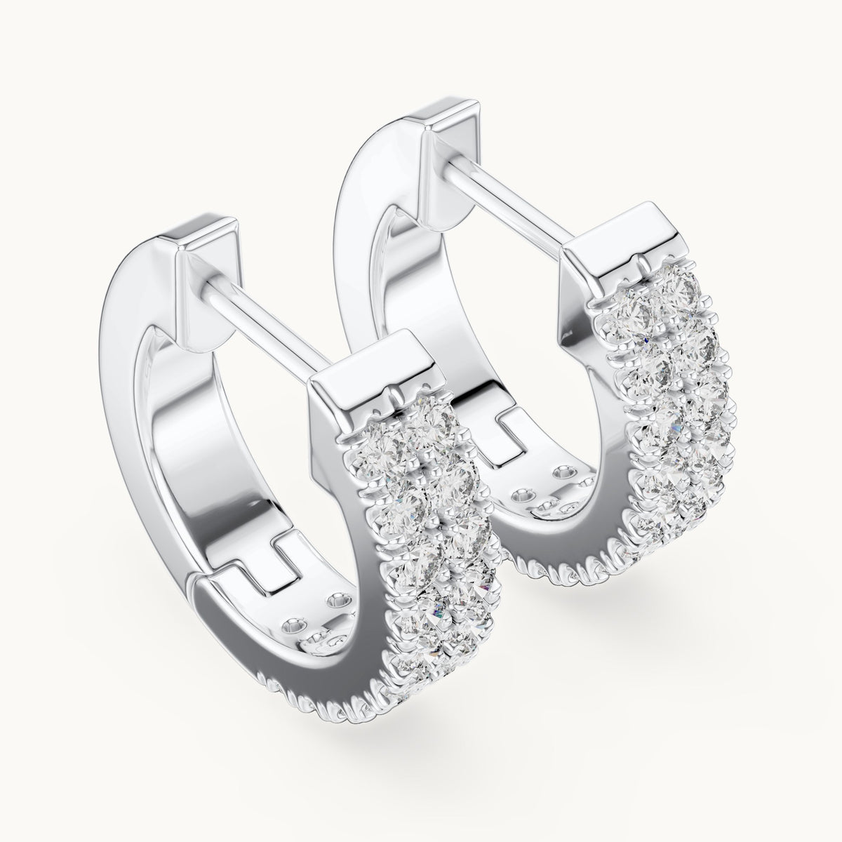 Round lab-grown diamond double-row huggie hoop earrings in white gold, 0.20 CT TW, view 2