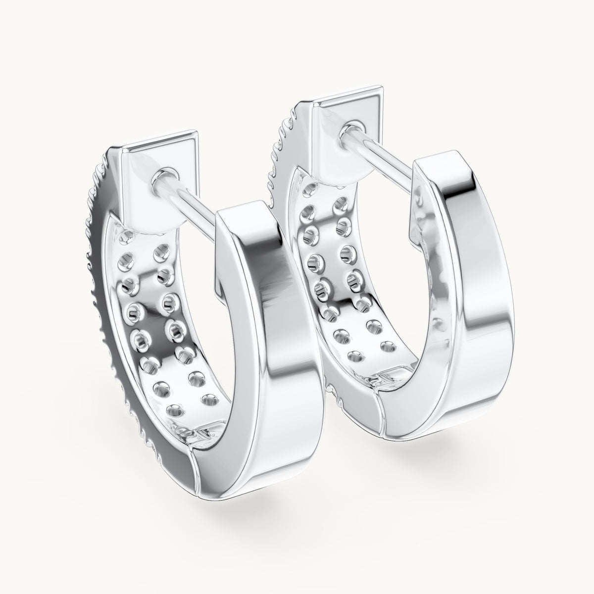 Round lab-grown diamond double-row huggie hoop earrings in white gold, 0.20 CT TW, view 3