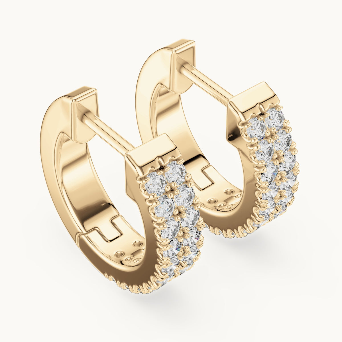 Round lab-grown diamond double-row huggie hoop earrings in yellow gold, 0.20 CT TW, view 2