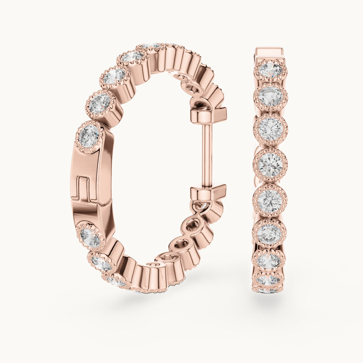 Round lab-grown diamond bezel station hoop earrings in rose gold, 0.36 CT TW, view 1